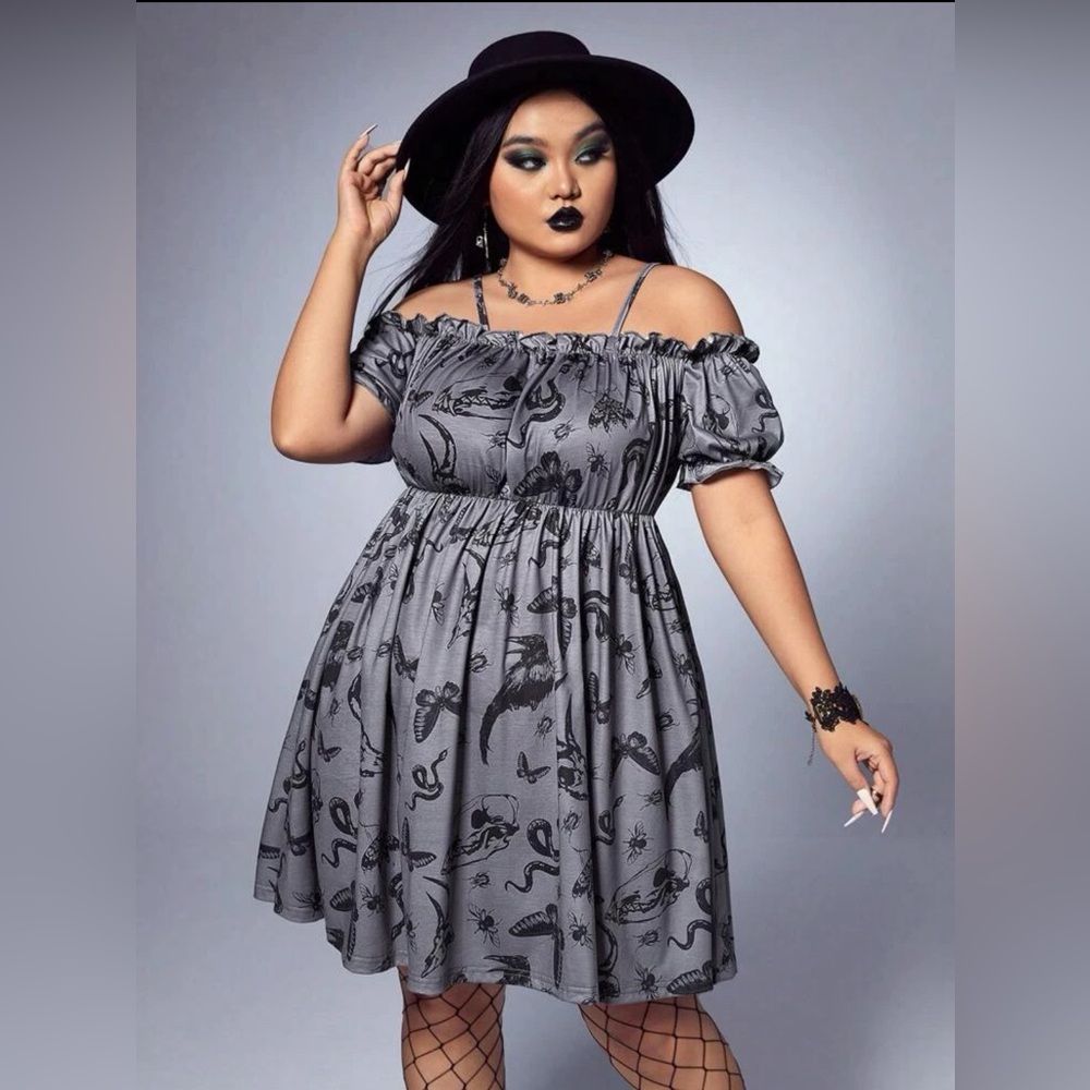 Goth Plus Allover Print Cold Shoulder Frill Trim Dress